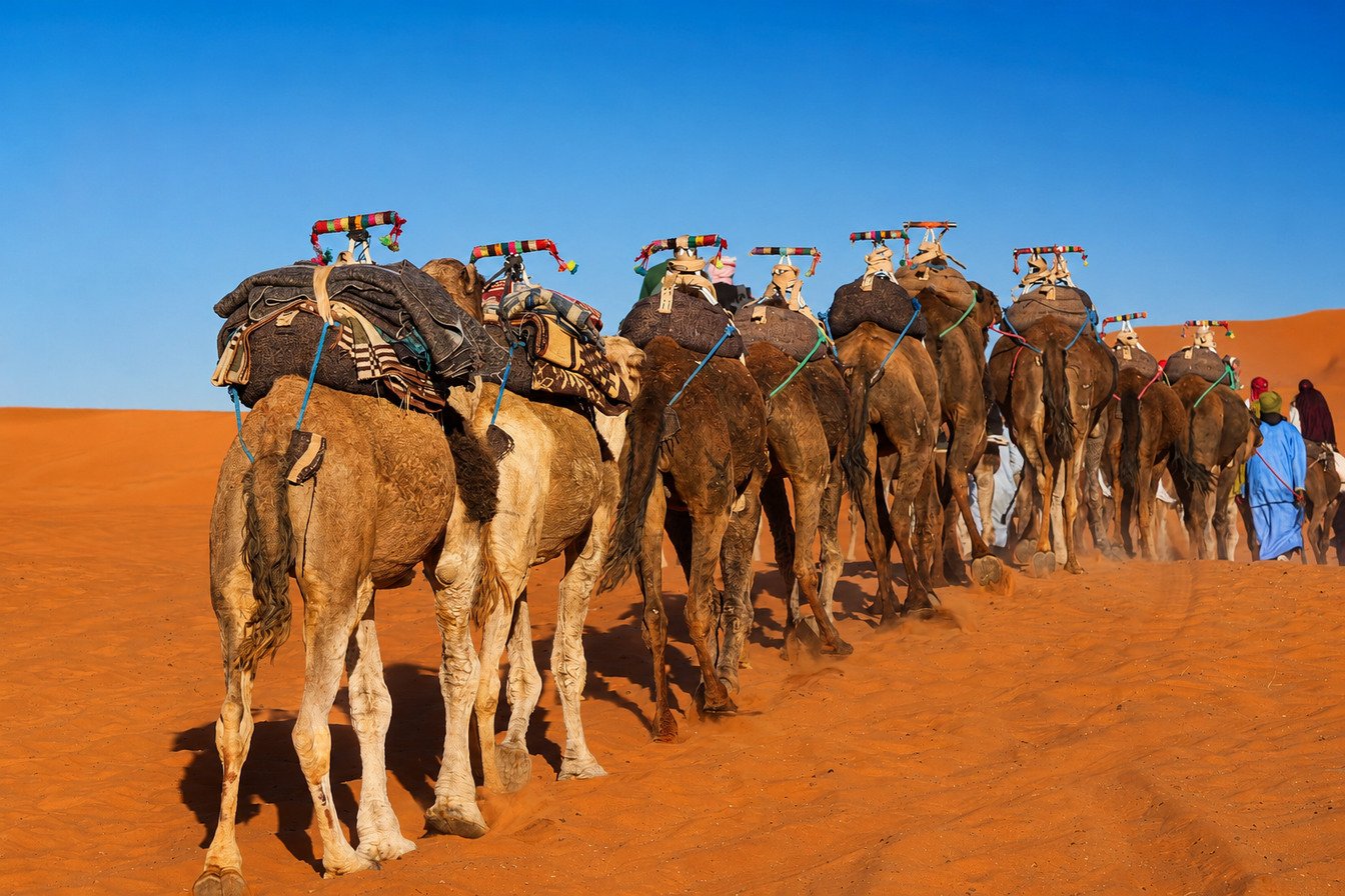 Long line of saddled camels and guides walking across vivid orange dunes under a clear blue sky