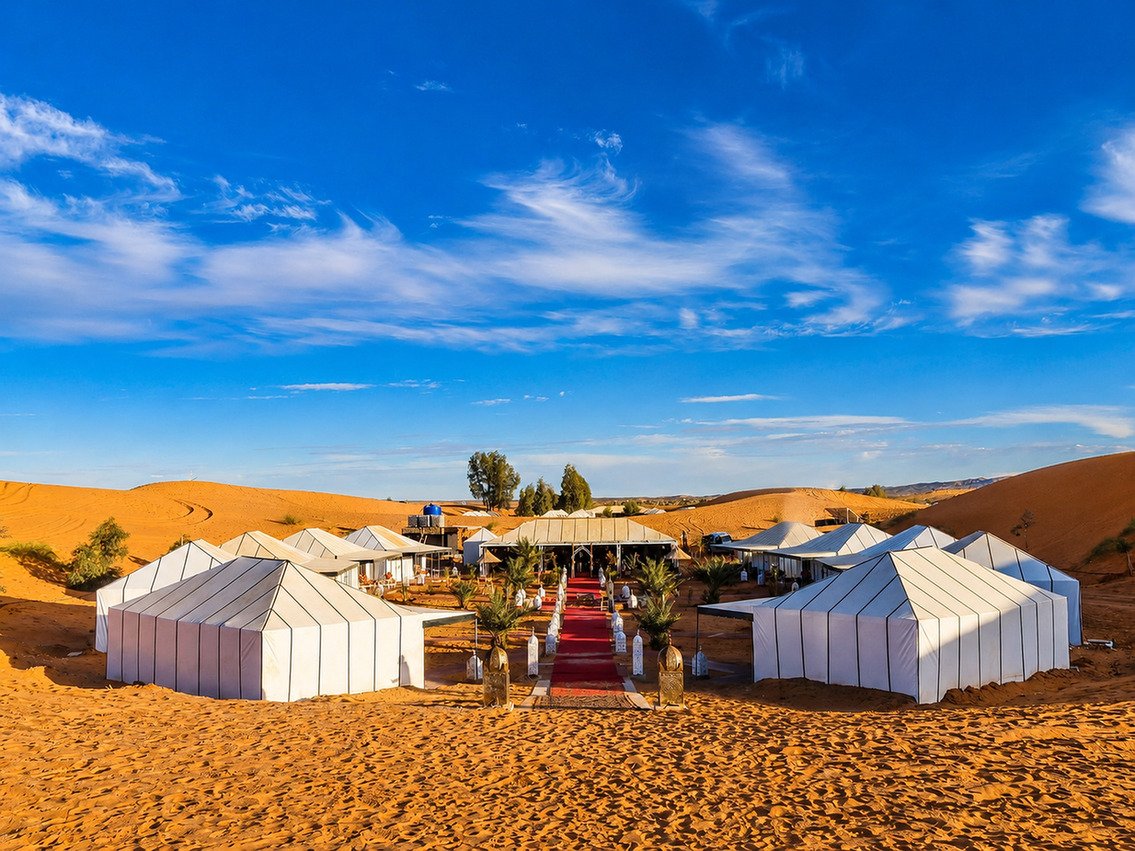 White glamping tents and a central red walkway surrounded by orange desert dunes under a wide sky with wispy clouds
