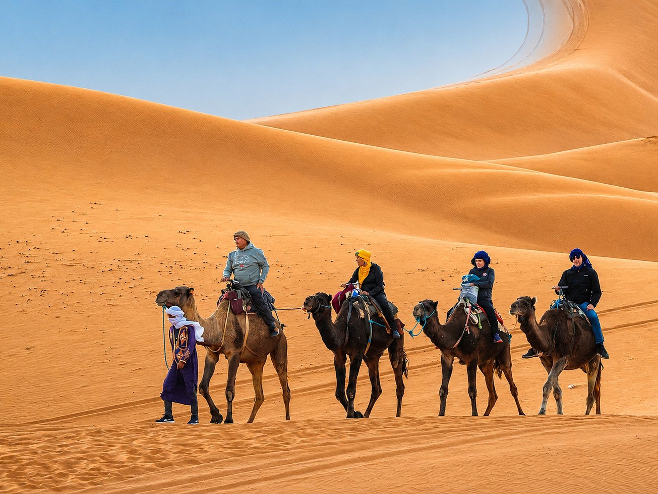 Four travelers riding camels behind a guide across sweeping orange dunes with tracks visible high on the sand